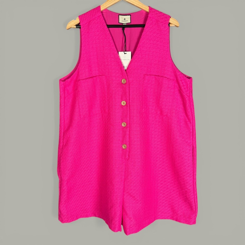 Tuckernuck Myla Romper Womens XXL Hot‎ Pink Tweed Button Front Sleeveless NEW
